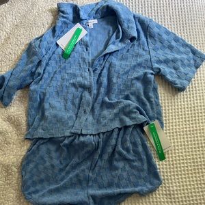 Blue checkered terry cloth shorts and button up tee set
